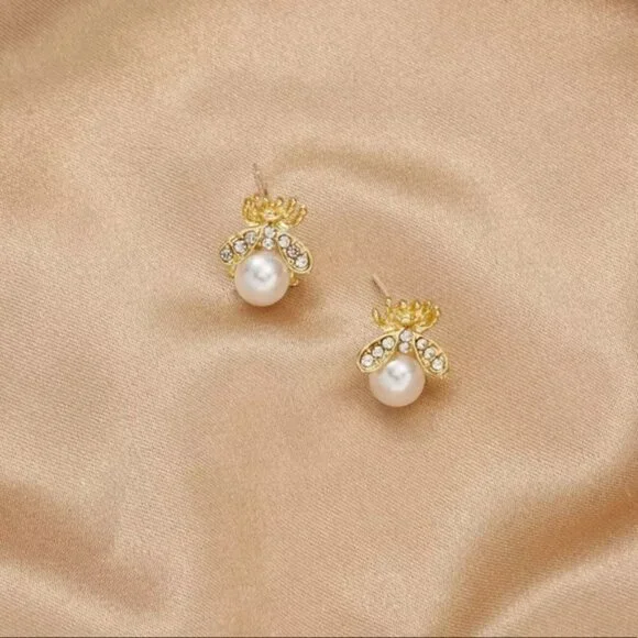 Gold Pearl Bee Stud Earrings - Picture 2 of 5